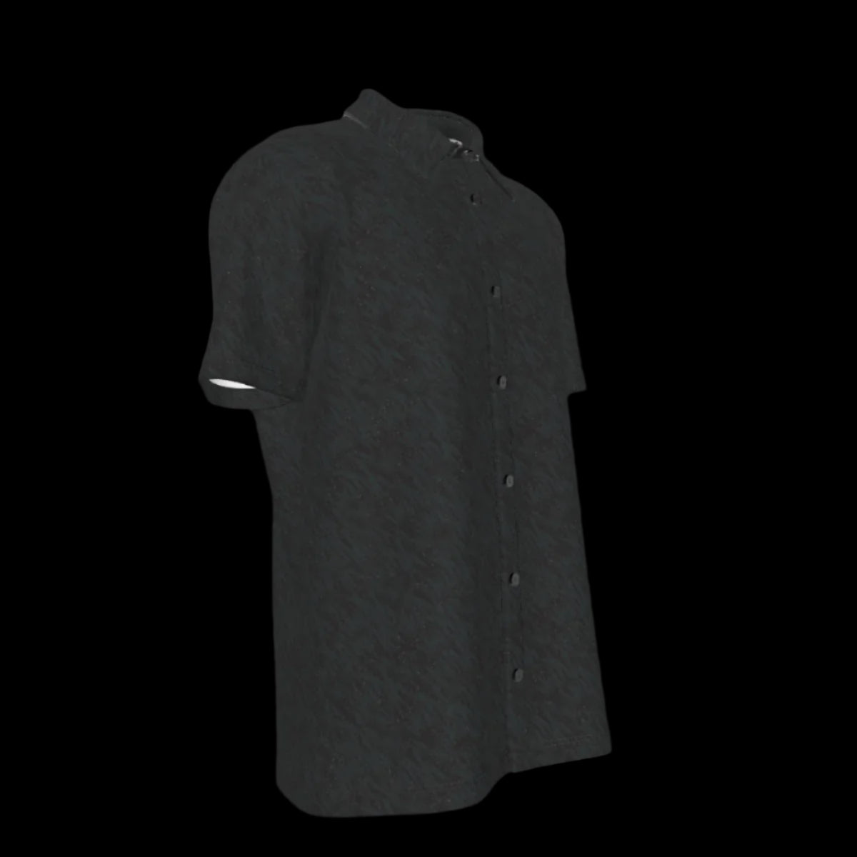 Right side of a black button down short-sleeve shirt on a black background