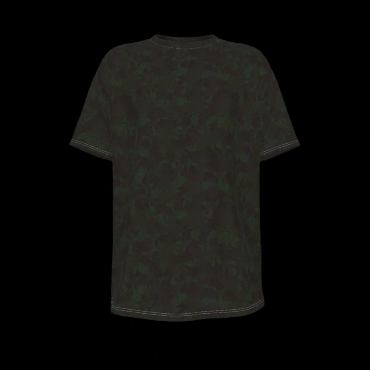 Front of black t-shirt with a subtle pattern on a black background