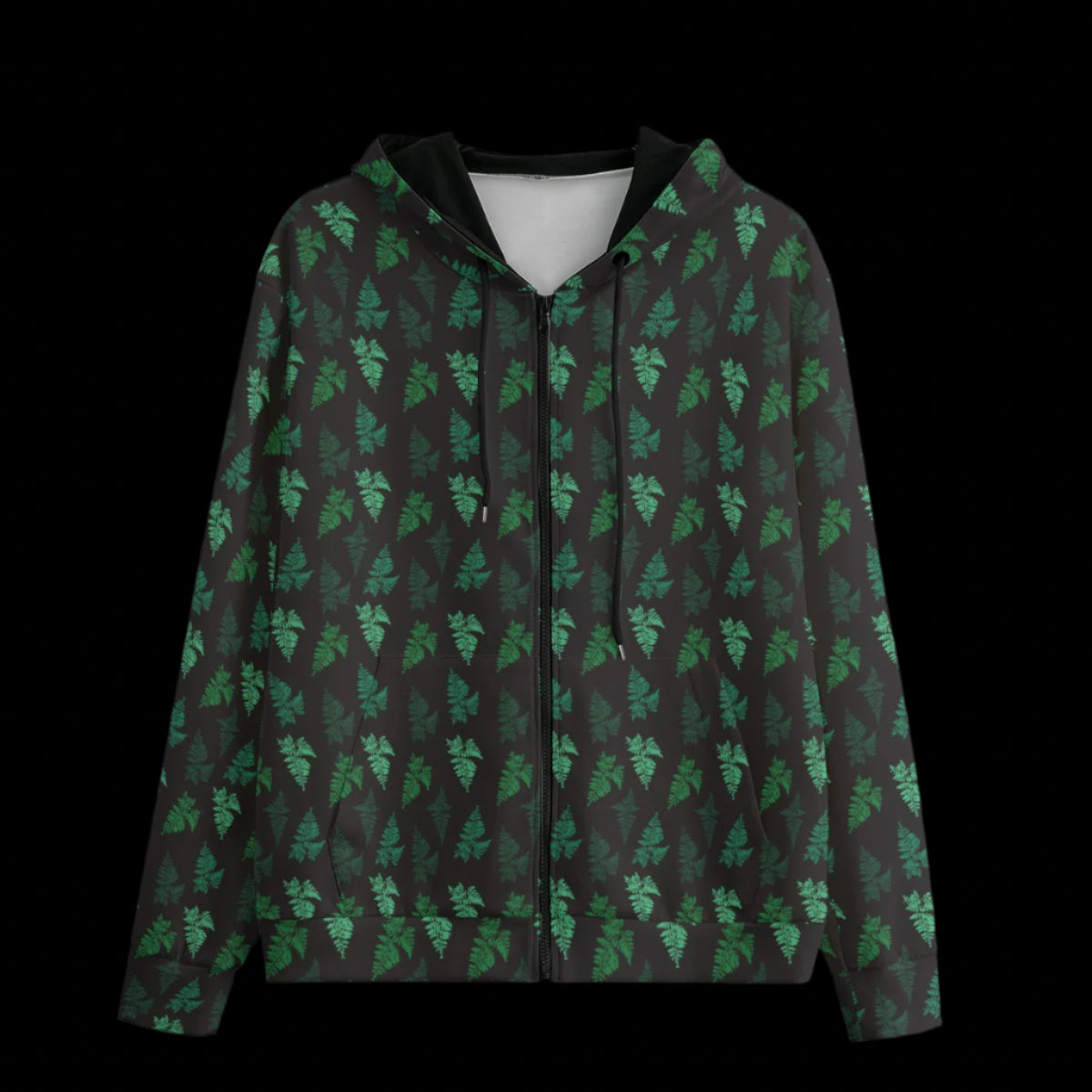 Front of Hoodie with green leaf pattern on a black backgroundo