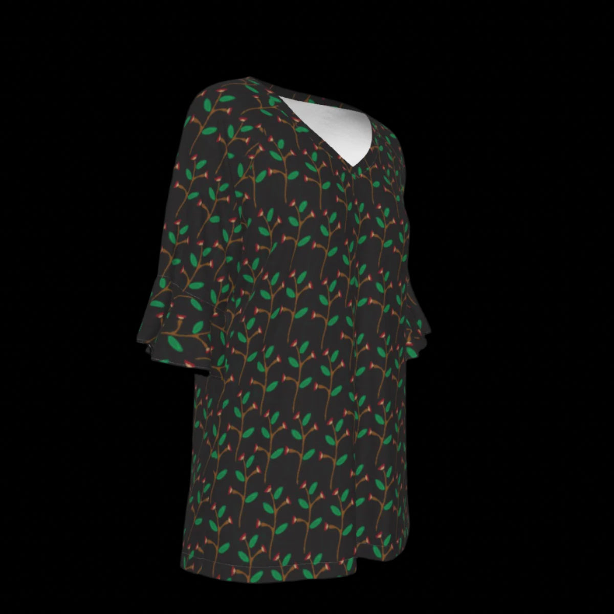 Right side of blouse with green leaf pattern on a black background