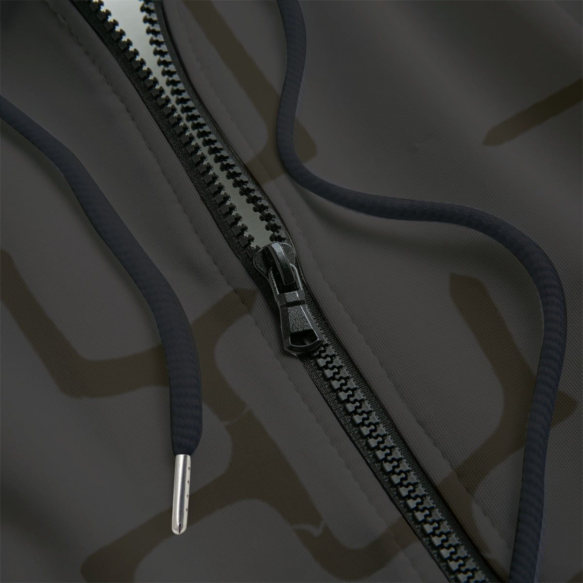 Front detail of dark patterned hoodie