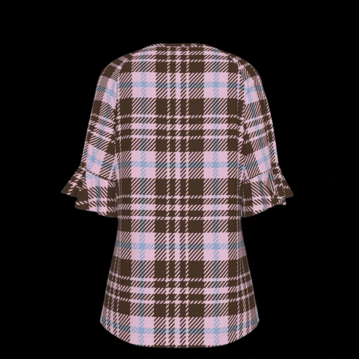 Back of plaid patterned blouse with ruffled sleeves on a black background