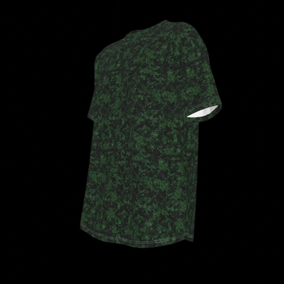 Left side of green camouflage-patterned t-shirt on a black background