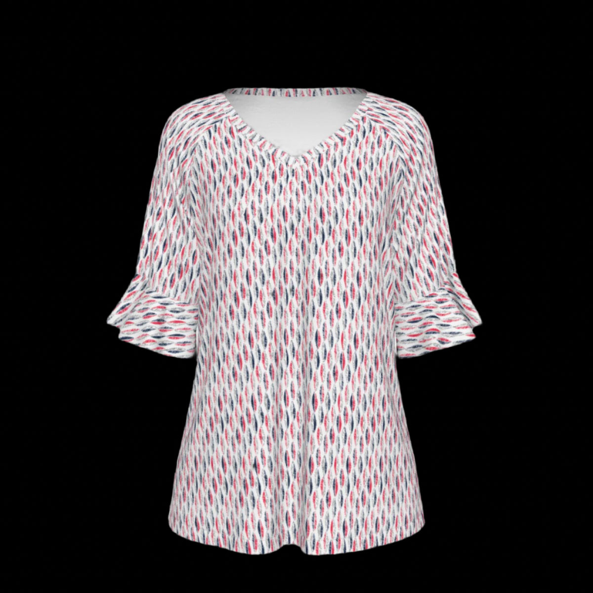 Front of a patterned blouse with ruffled sleeves on a black background