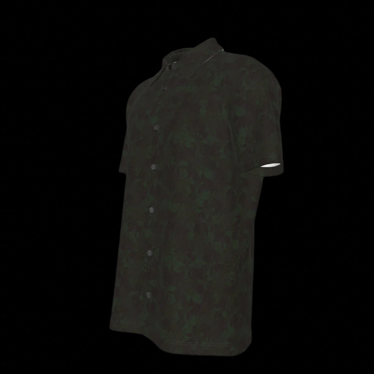 Left side of black button-down short-sleeve shirt on a black background