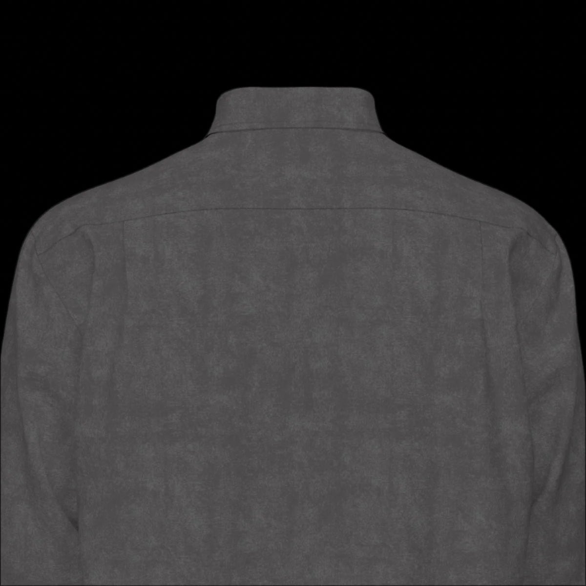 Top back of a gray long sleeve men's shirt with a left chest pocket on a black background