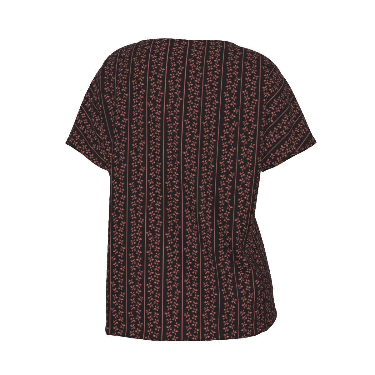 Women's V-Neck Short Sleeve T-shirt / Chocolate Floral Stripe Design