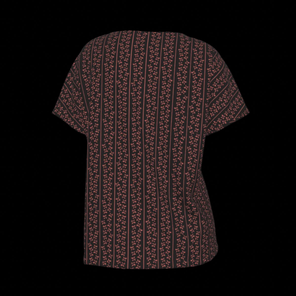 Back of black and red patterned blouse on a black background