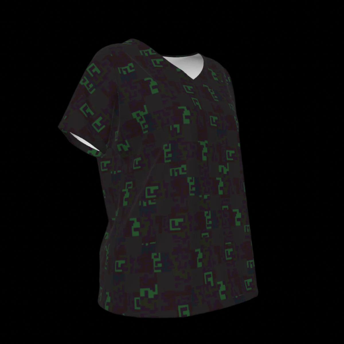 Right side of black V-Neck t-shirt with green geometric pattern on a black background