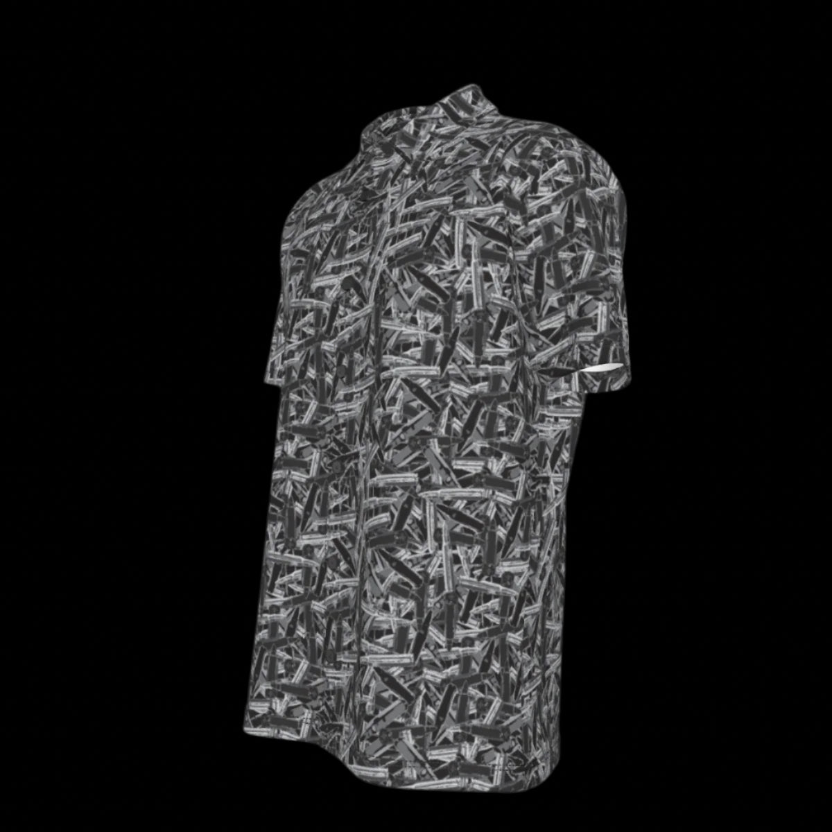Left side of short-sleeve button-down shirt with a geometric pattern on a black background