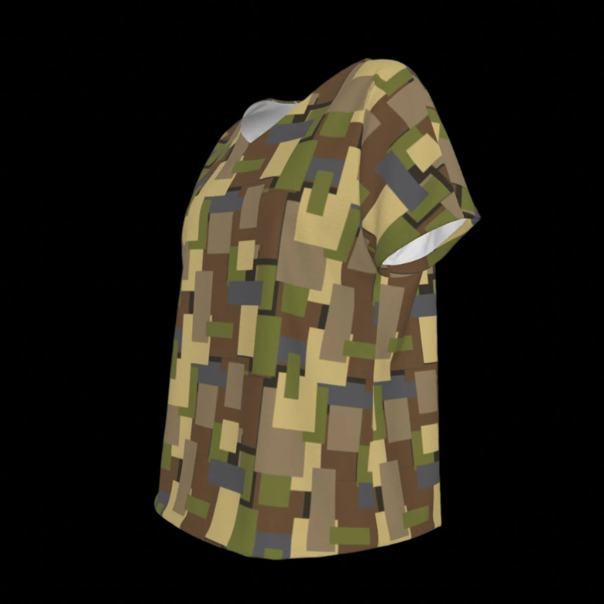 Left side of camouflage-patterned V-Neck T-shirt on a black background