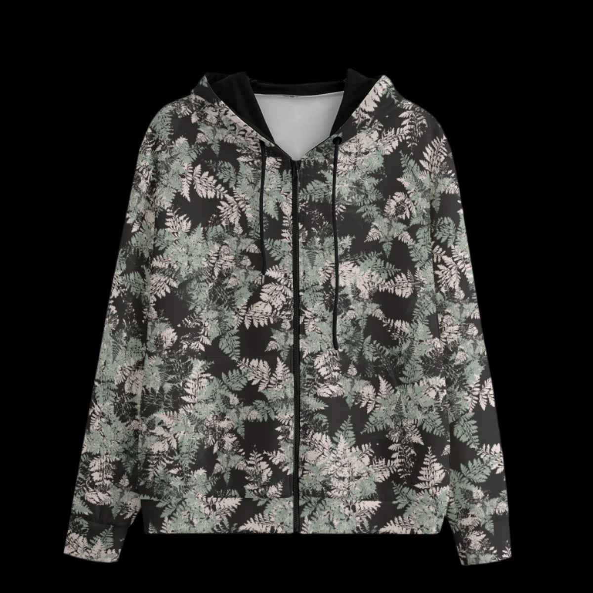 Front of hoodie with floral pattern on a black background
