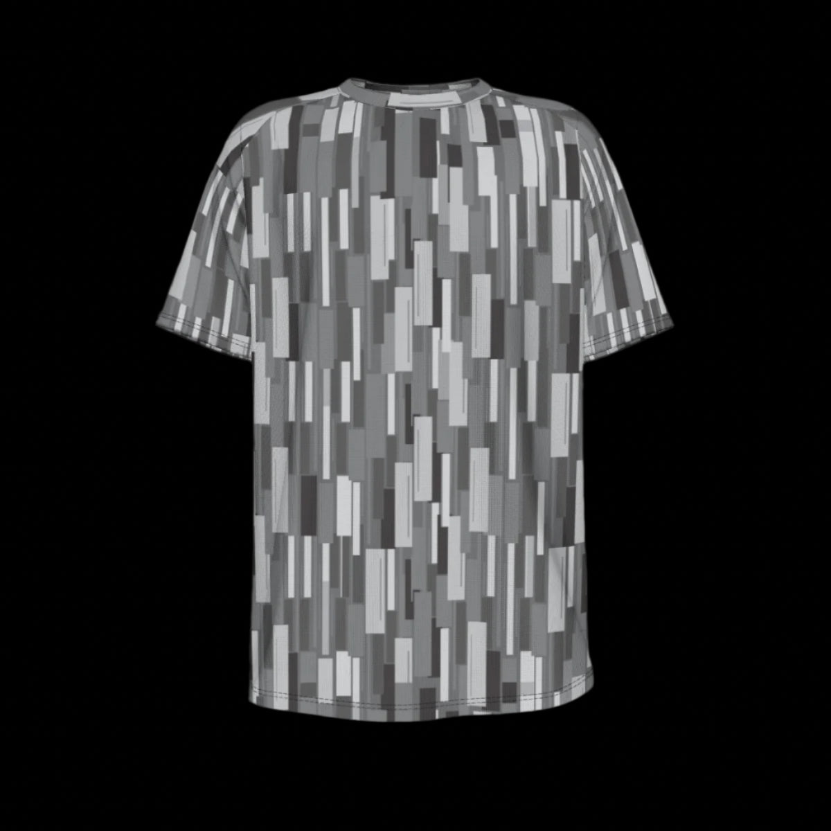 Front of gray and black patterned t-shirt on a black background