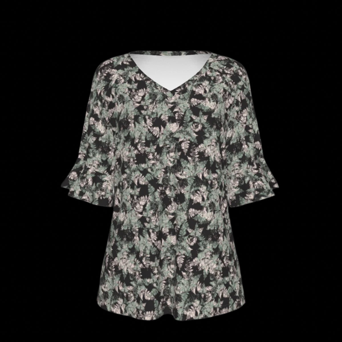 Front of a blouse with fern design on a black background