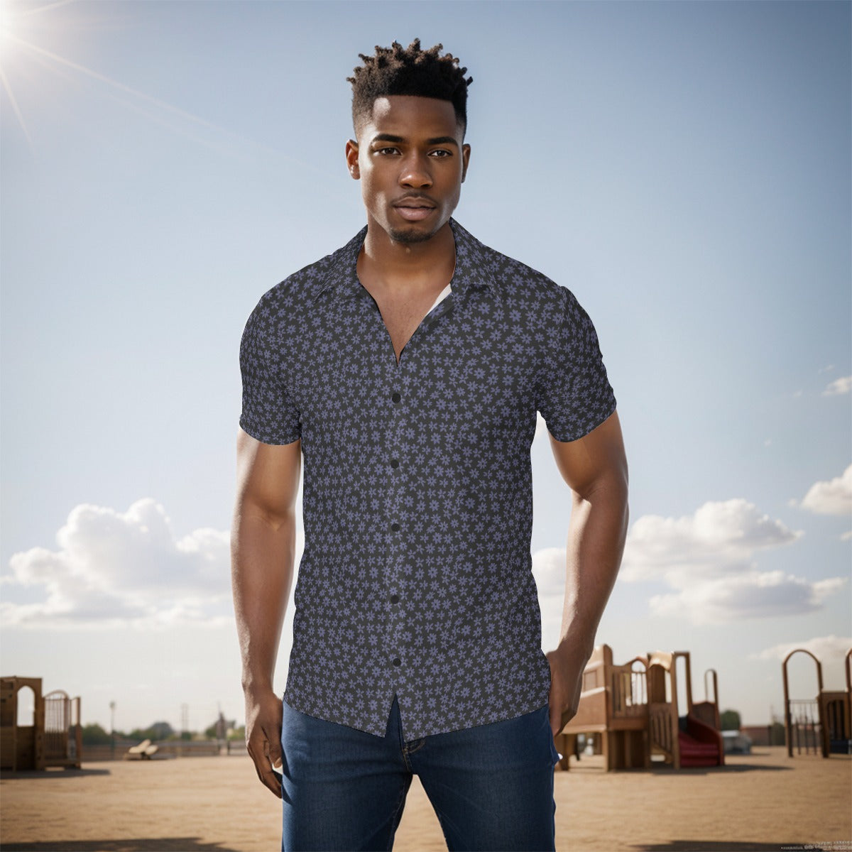 Men's Button Down Short Sleeve Shirt / Men's Lilac Design