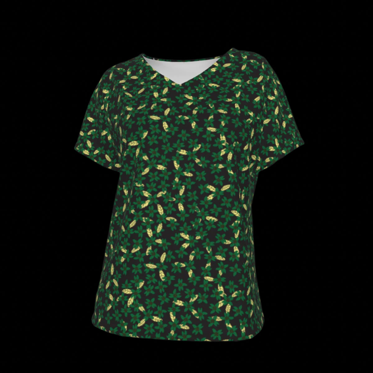 Front of green V-Neck t-shirt with small pattern on a black background