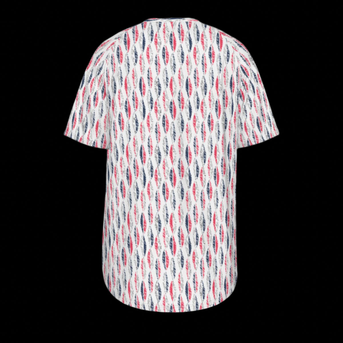 Back of short-sleeve shirt with a colorful pattern on a black background