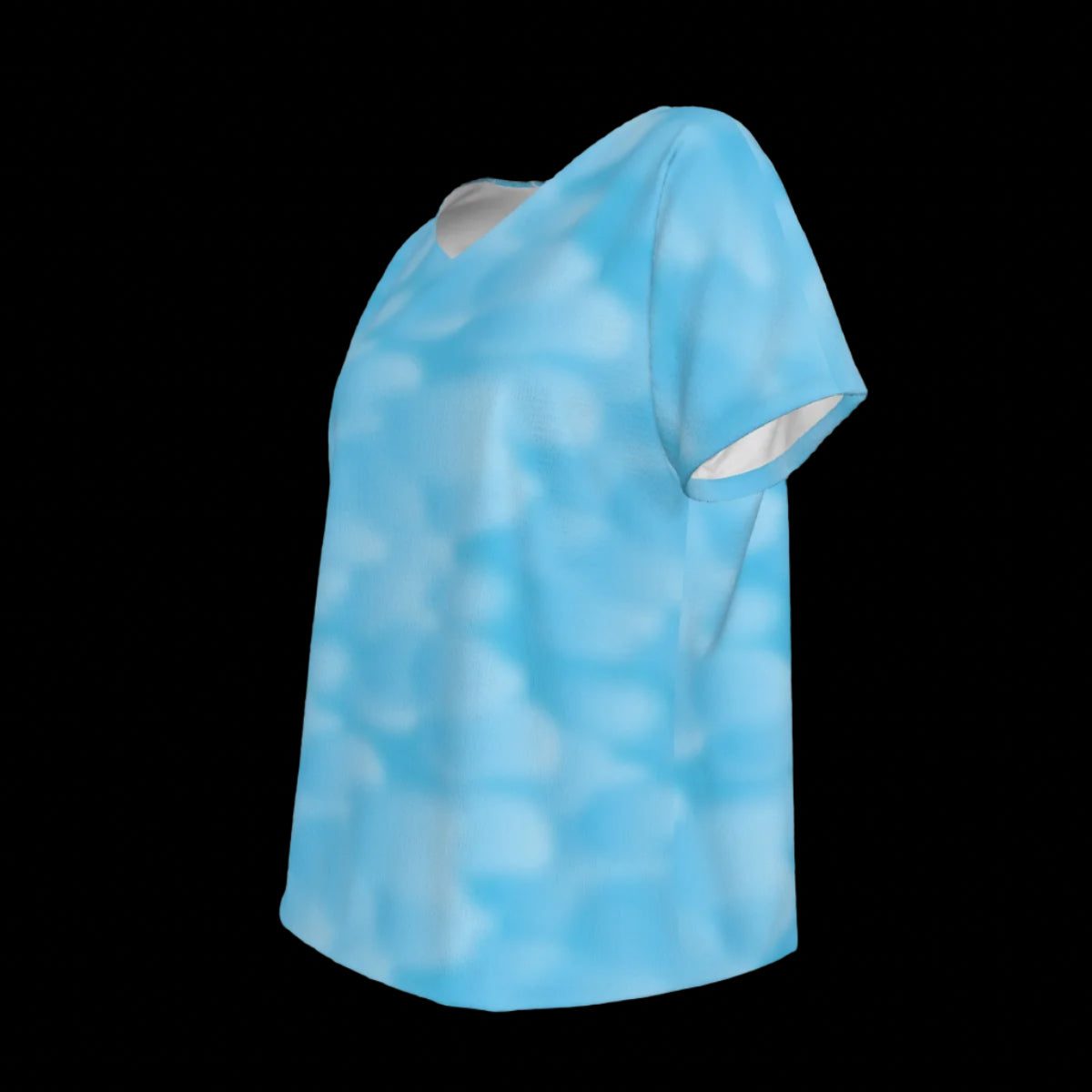 Left of blue patterned V-Neck T-shirt on a black background