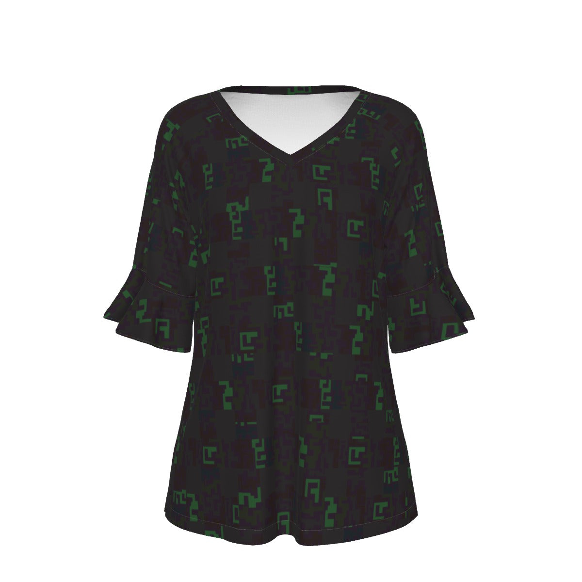 Women’s V-neck T-Shirt with Bell Sleeve / Color Weave Dark Design