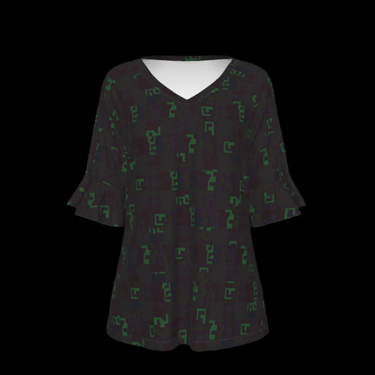 Front of black blouse with green geometric pattern on a black background