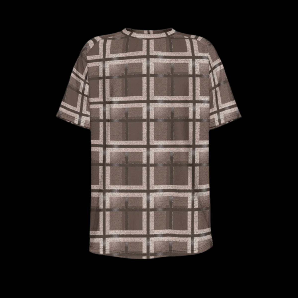 Front of plaid shirt with brown and beige pattern on a black background