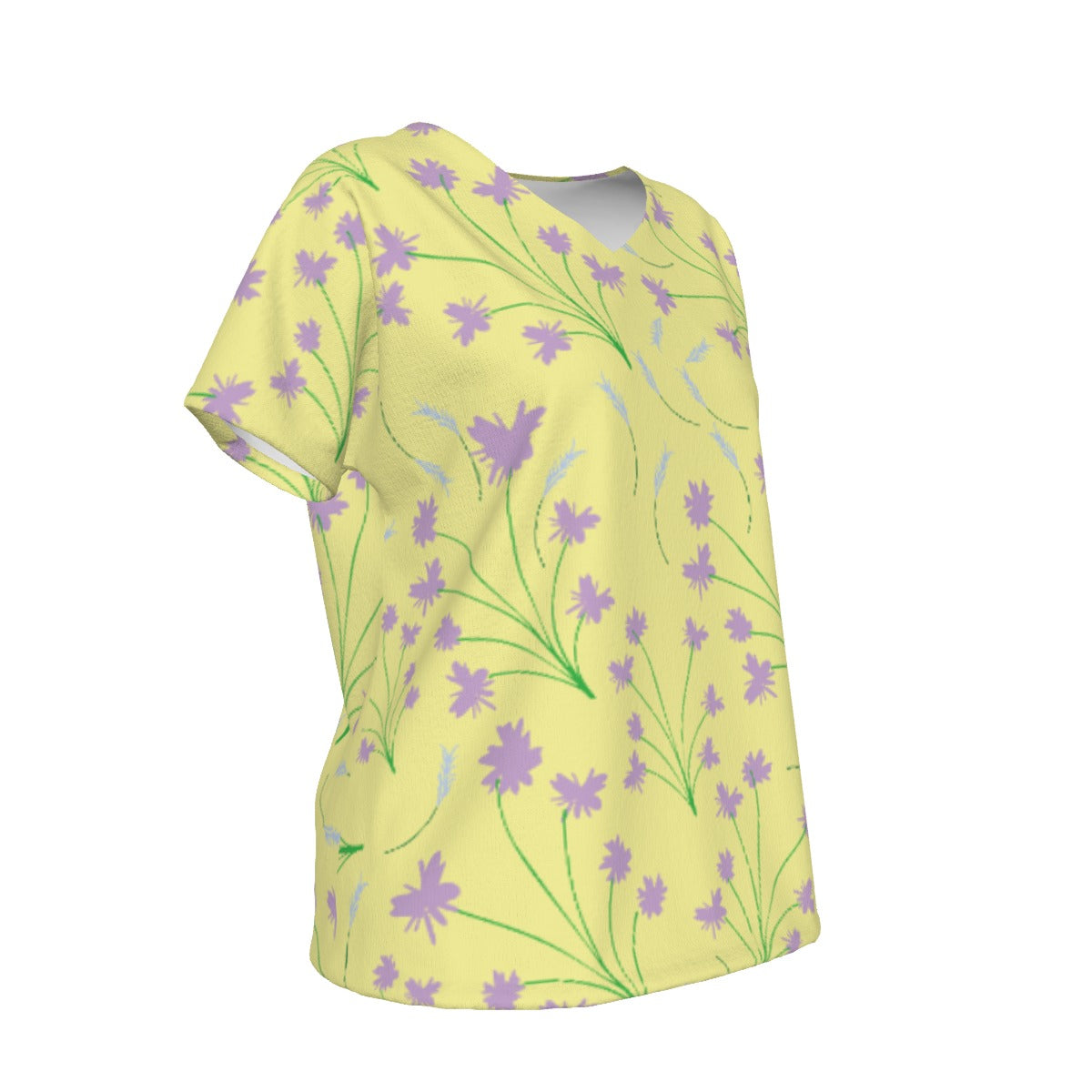Women's V-Neck Short Sleeve T-shirt / Delicate Yellow Flower