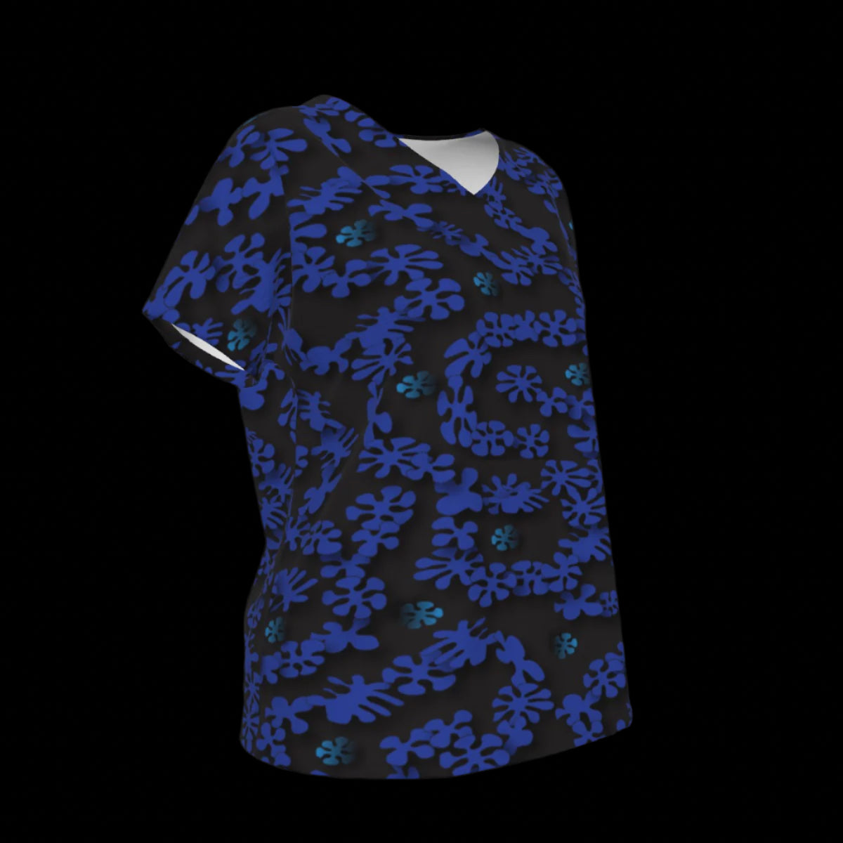 Right of black V-Neck T-Shirt with blue floral pattern on a black background