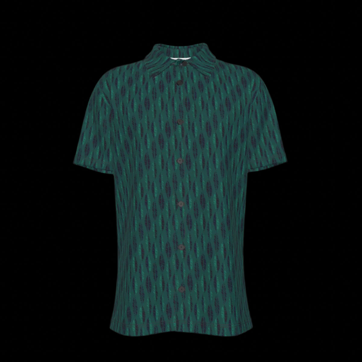 Front of a green patterned button down short sleeve shirt on a black background