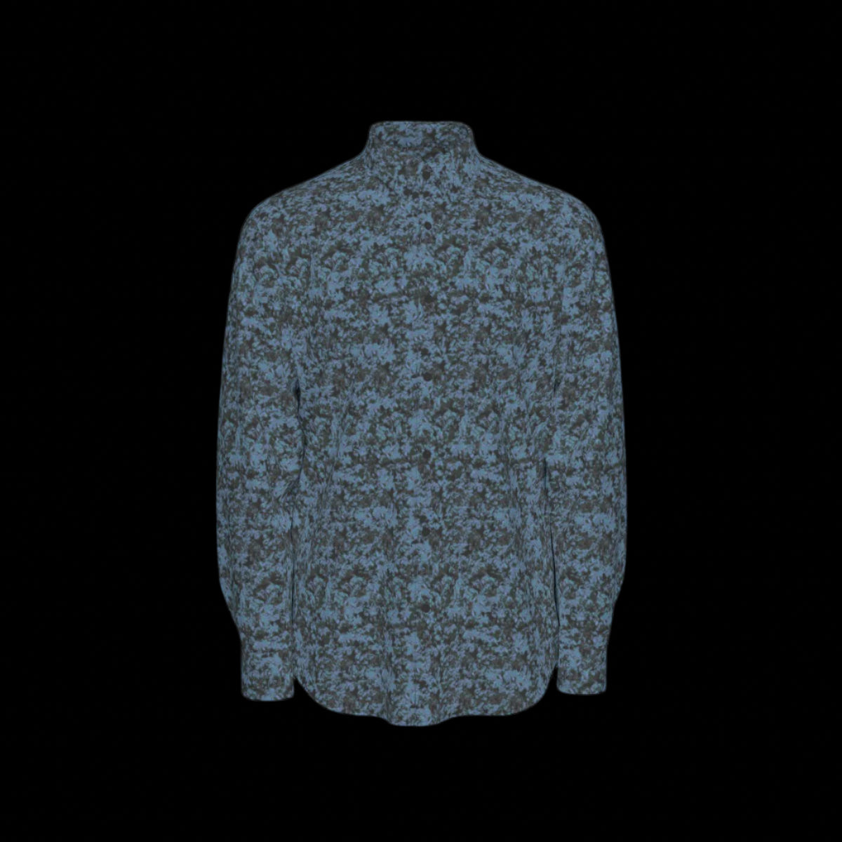 Front of a blue camouflage long sleeve shirt on a black background