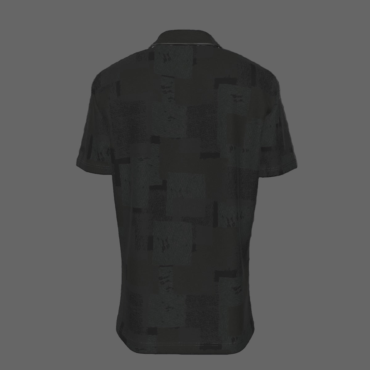 Back of a black textured short-sleeve button-down shirt on a black background