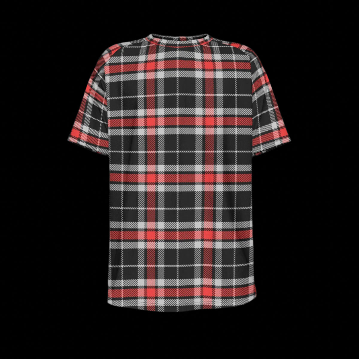 Front of plaid shirt with red, black, and white pattern on a black background