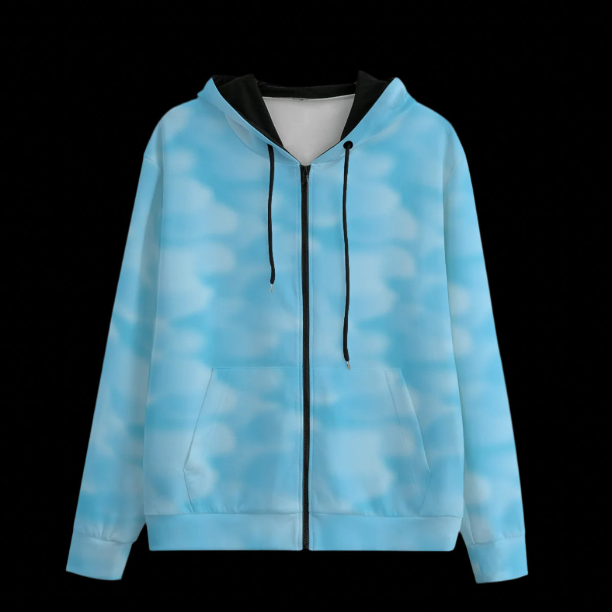 Front of blue hoodie with black drawstrings on a black background