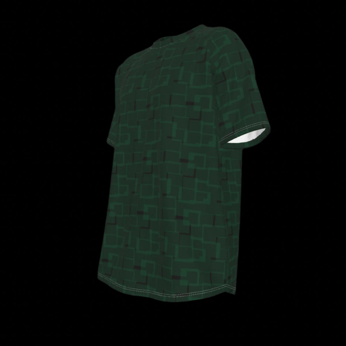 Left side of green t-shirt with geometric pattern on a black background