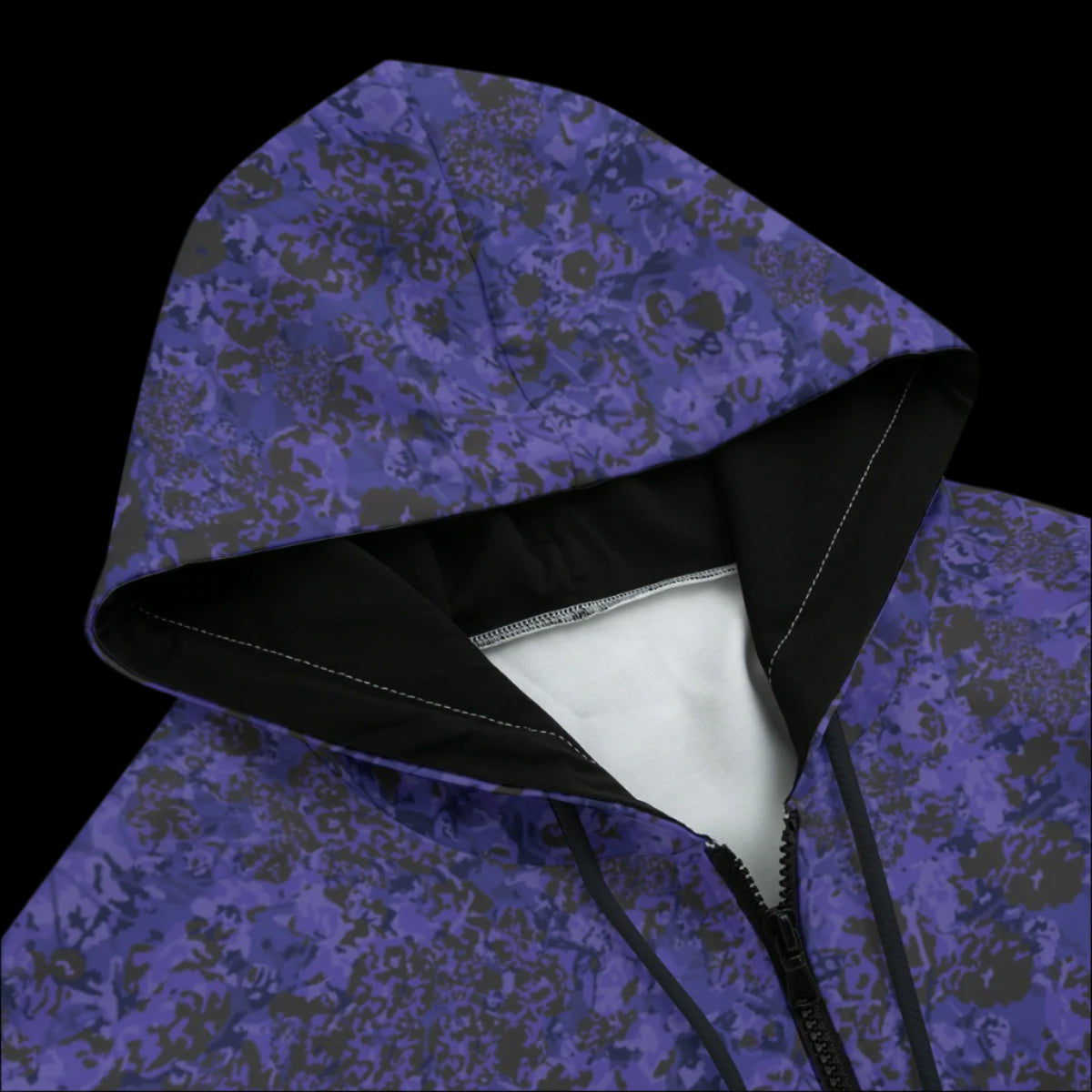 Front top of Purple camouflage hoodie with a black background
