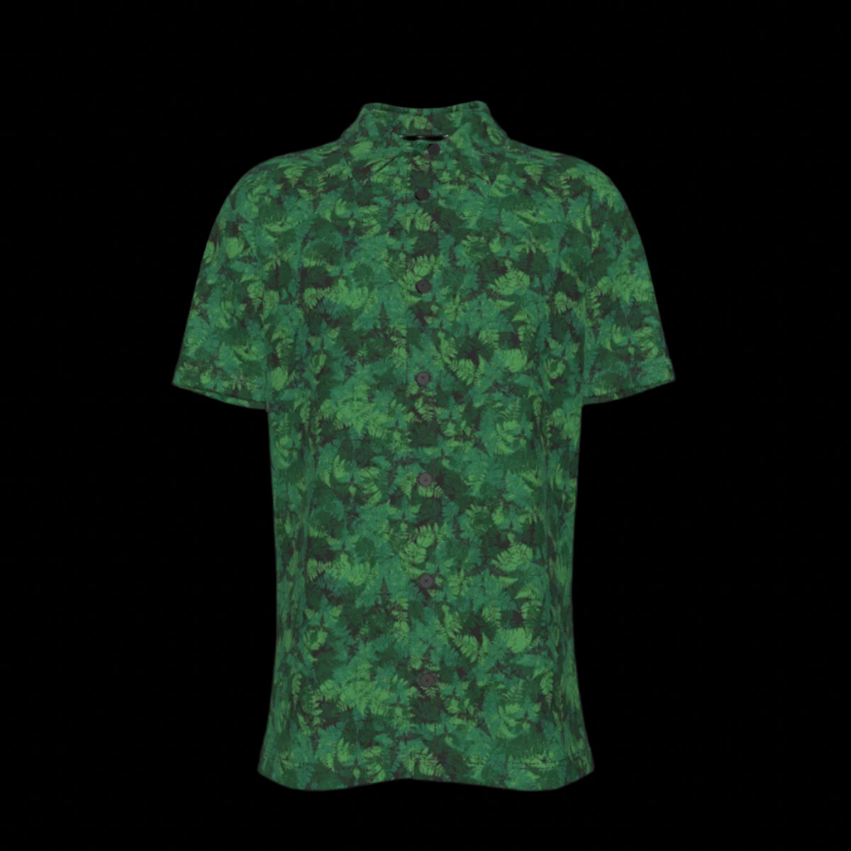 Front of camouflage patterned button down short sleeve shirt on a black background
