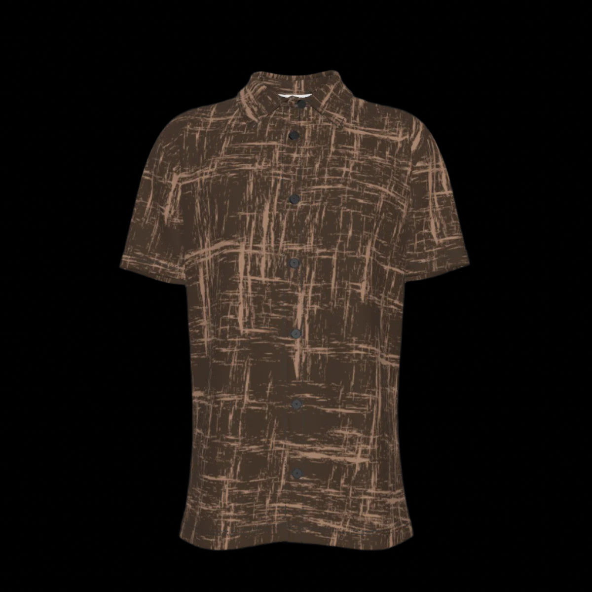 Front of brown patterned shirt on a black background