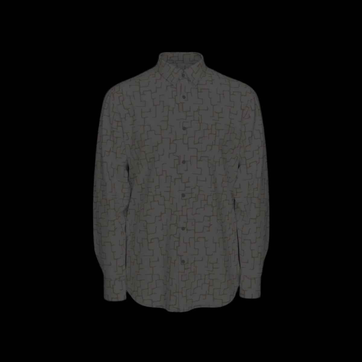 Front of dark gray patterned long sleev shirt on a blech background