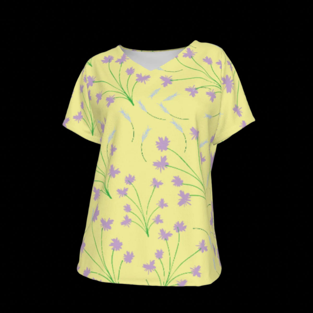 Front of yellow V-Neck t-shirt with purple floral pattern on a black background