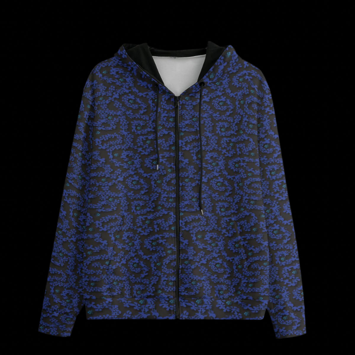 Front of Blue and black patterned hoodie on a black background