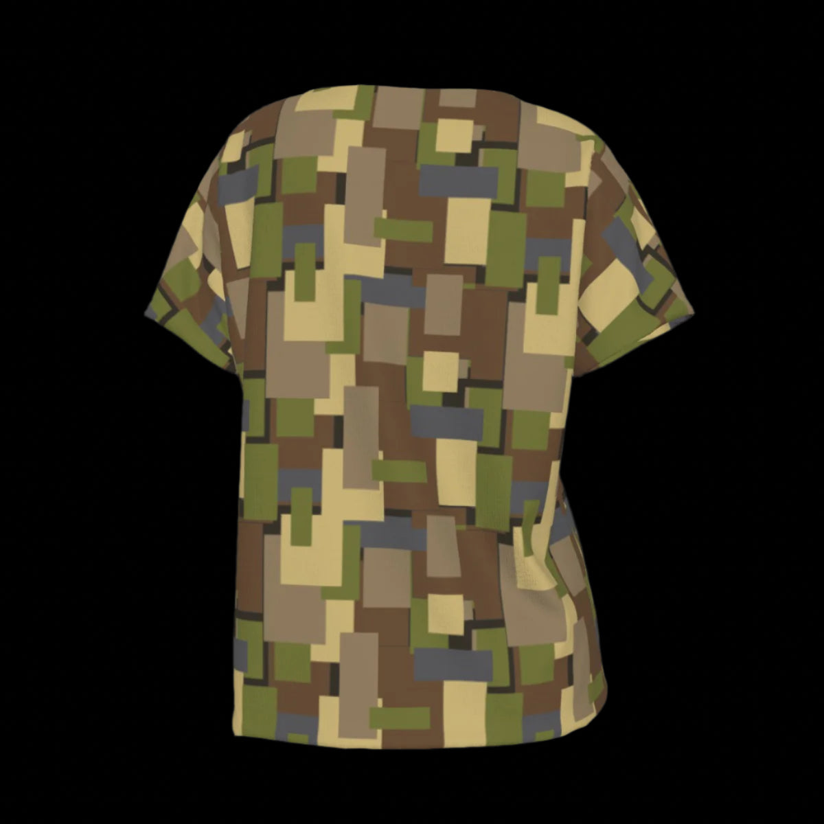 Back of camouflage-patterned V-Neck T-shirt on a black background