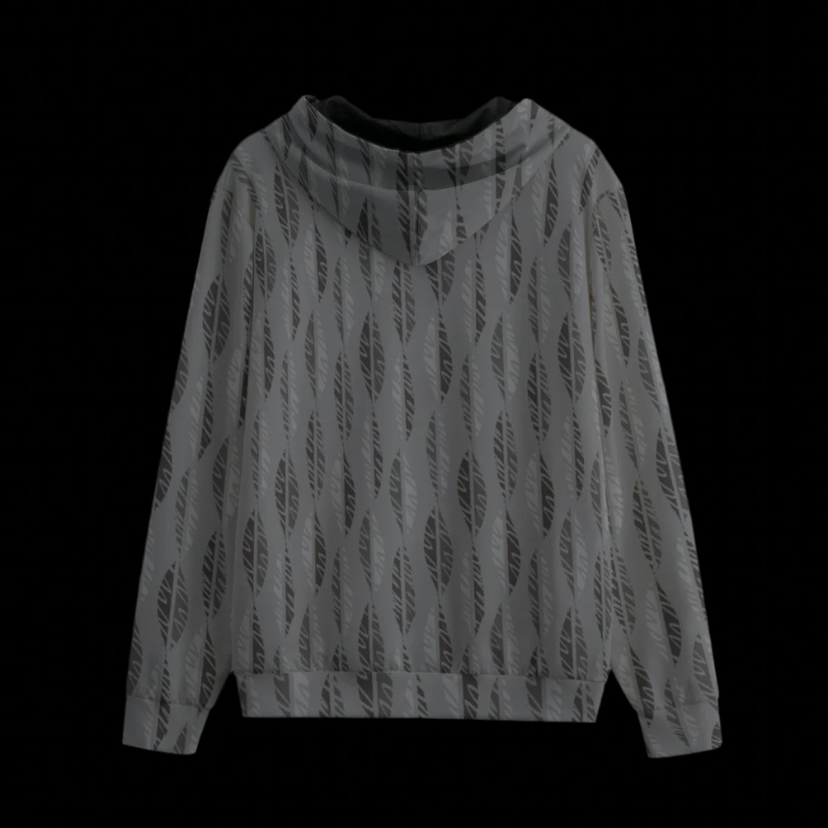 Back of a gray patterned hoodie with black accents on a black background