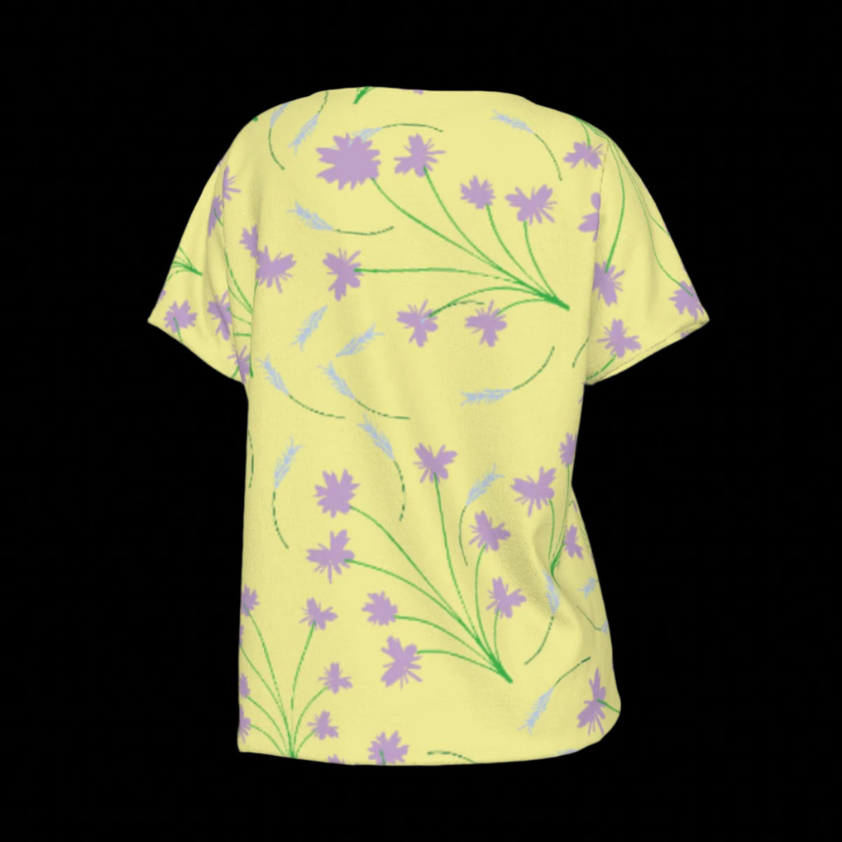 Back of yellow V-Neck t-shirt with purple floral pattern on a black background