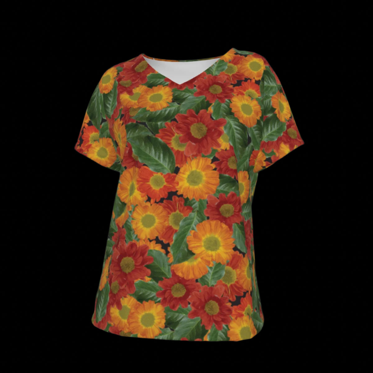 Front of colorful floral-patterned V-Neck T-shirt on a black background
