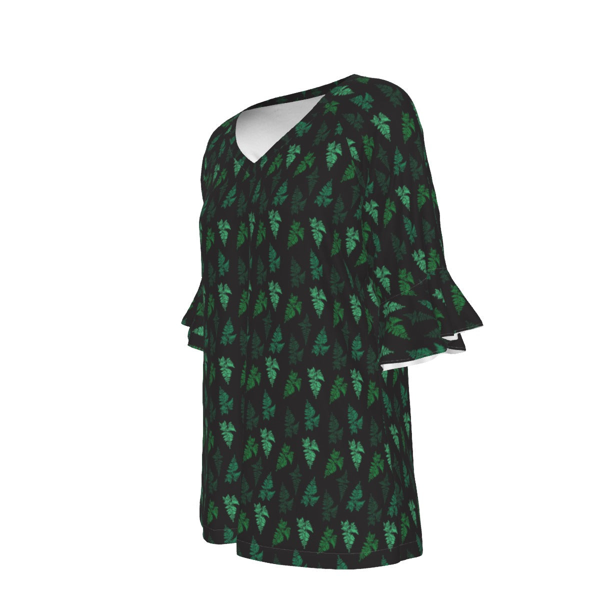 Women’s V-neck T-Shirt with Bell Sleeve / Camo Fern Design