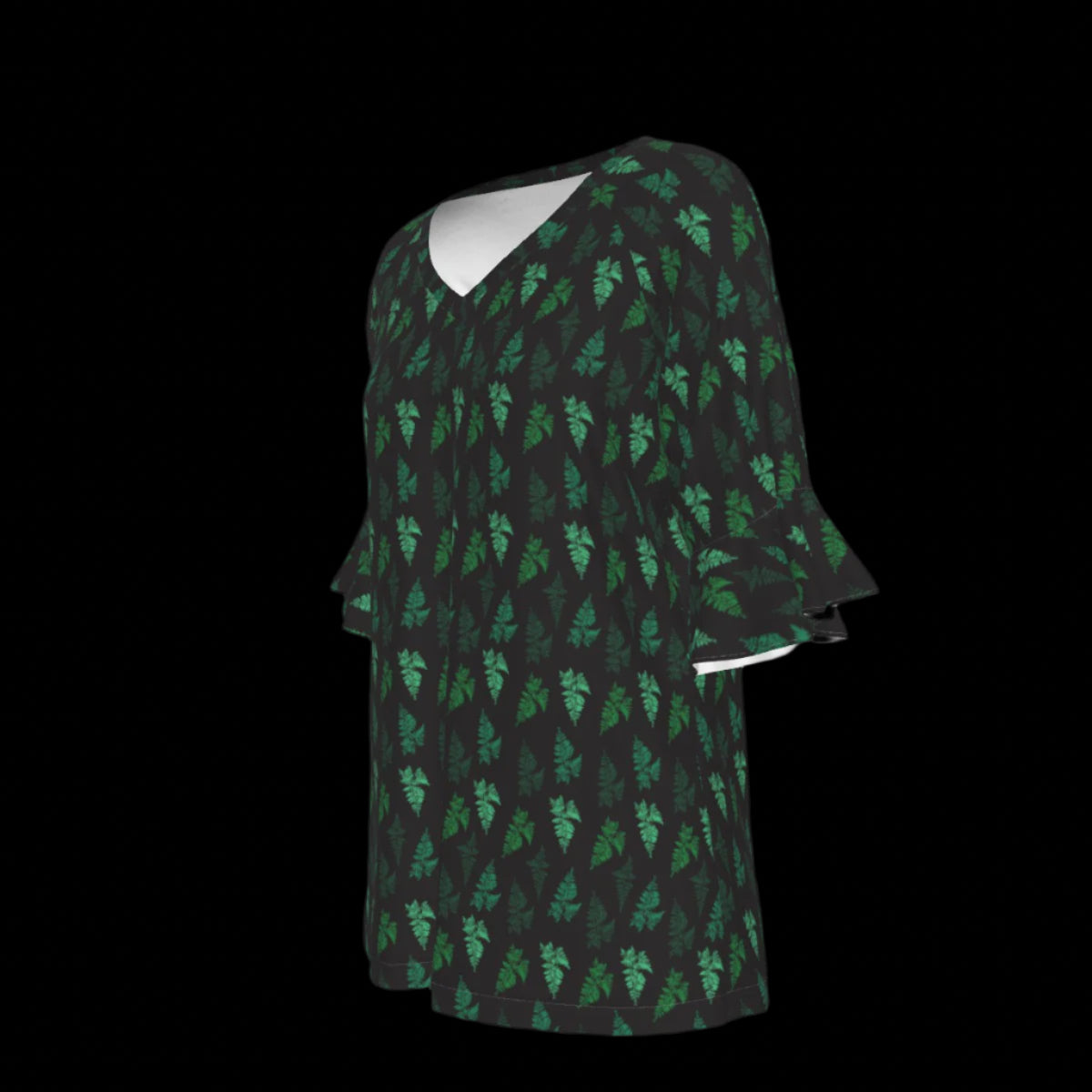 Left side of green leaf patterned blouse on a black background