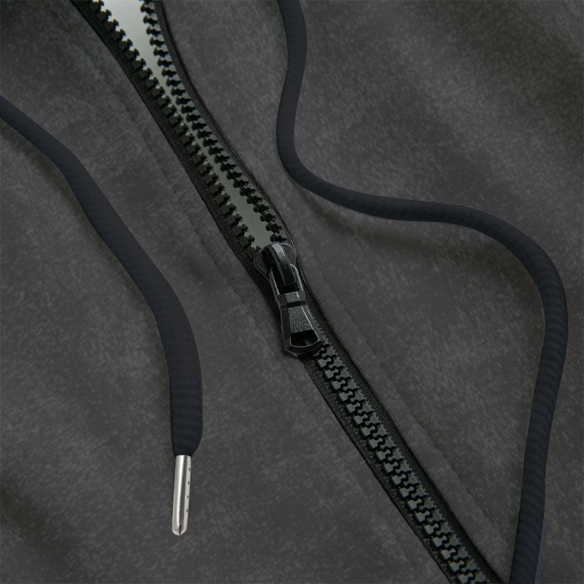 Close-up of a black and grey zipper hoodie