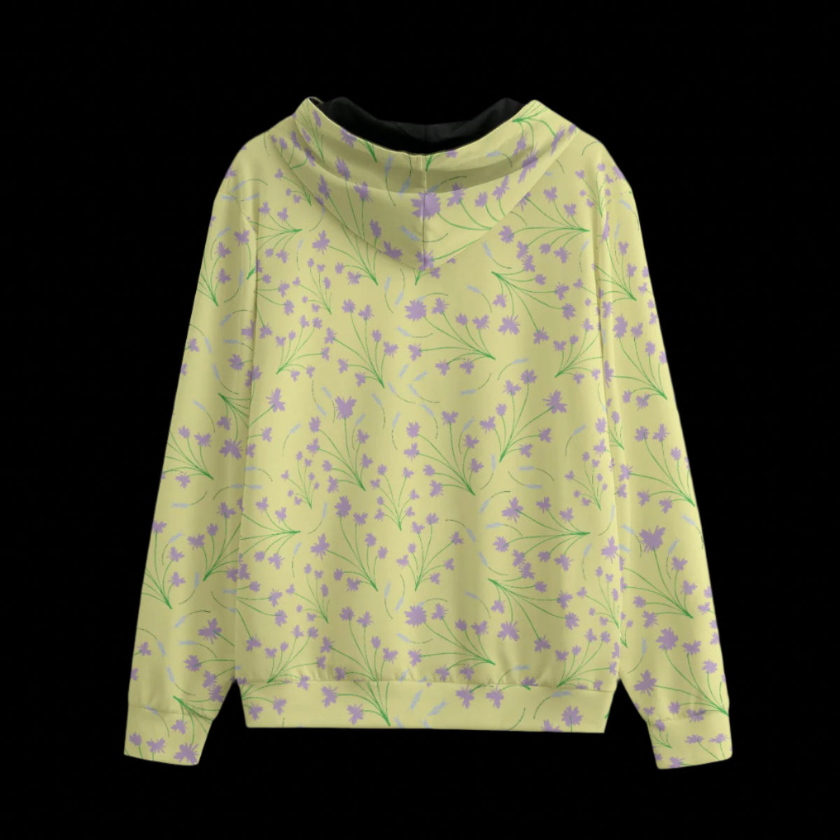 Back of yellow hoodie with floral pattern on a black background