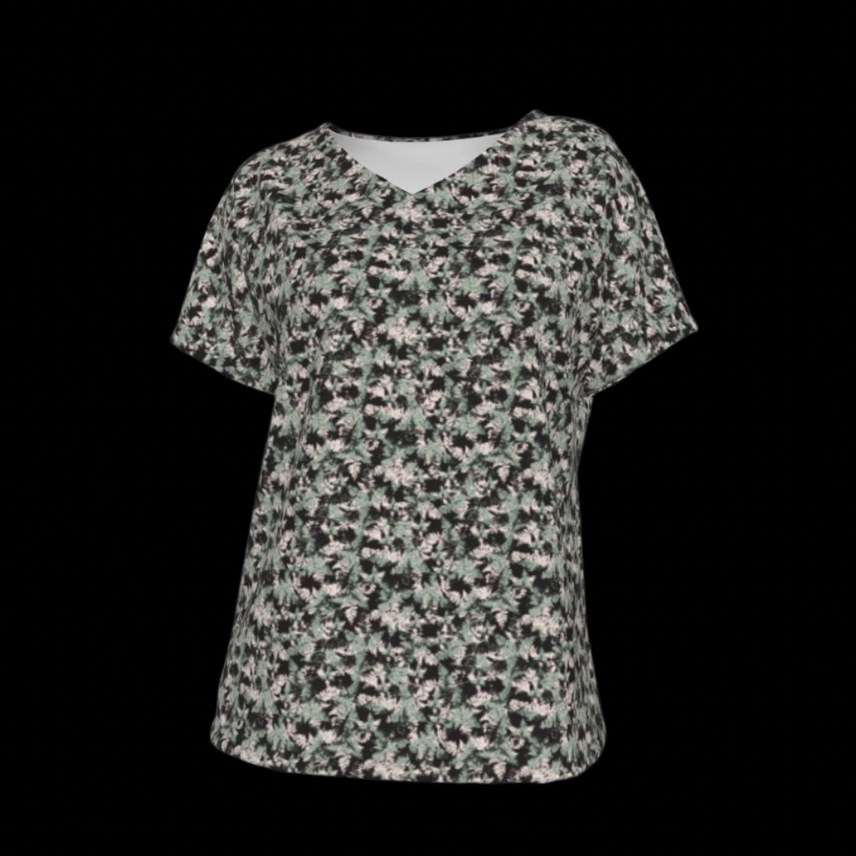 Front of floral patterned V-Neck T-shirt on a black background