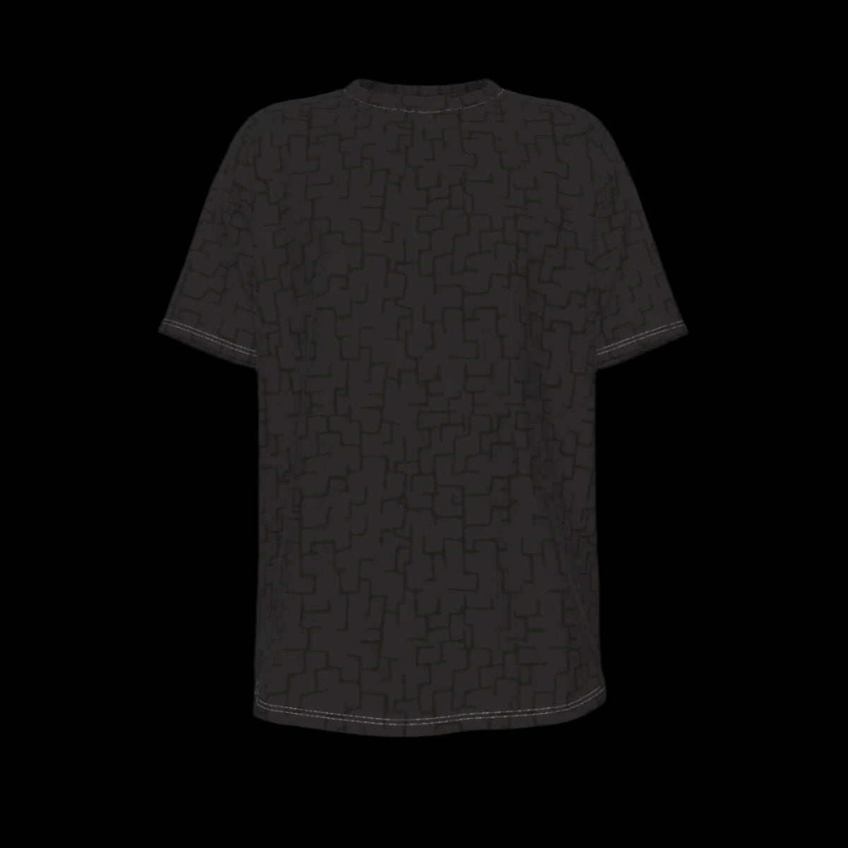 Front of black t-shirt with a subtle pattern on a Black background