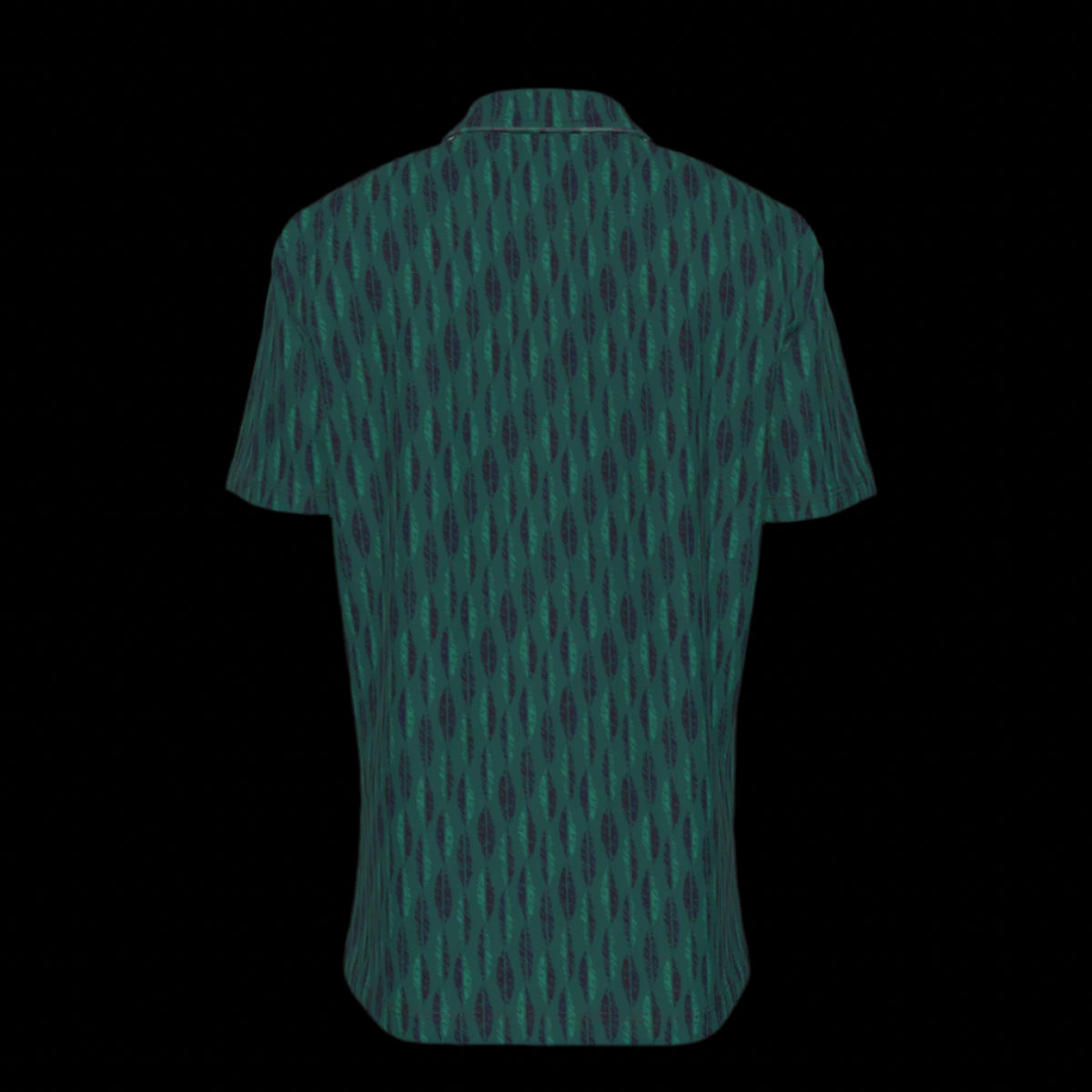 Back of a green patterned button down short sleeve shirt on a black background